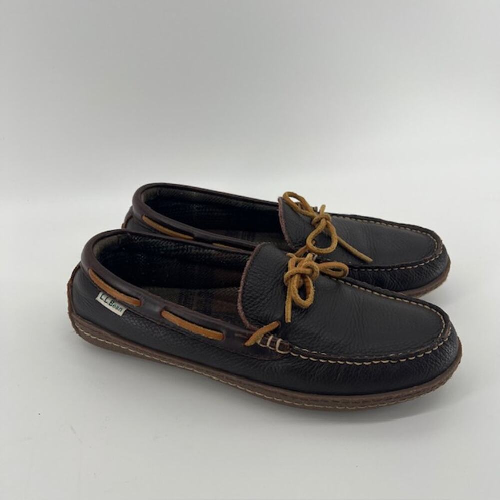 LL Bean Flannel Lined Leather Moccasins Mens 9 Dark Brown Indoor Outdoor Slipper